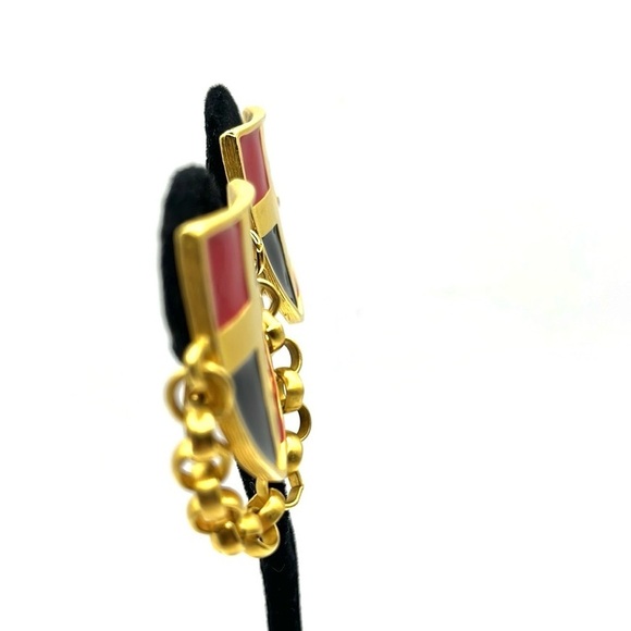 Gold and Red Shield Earrings with Chain Clip on Earrings  Vintage 80’-90’s - Picture 3 of 12
